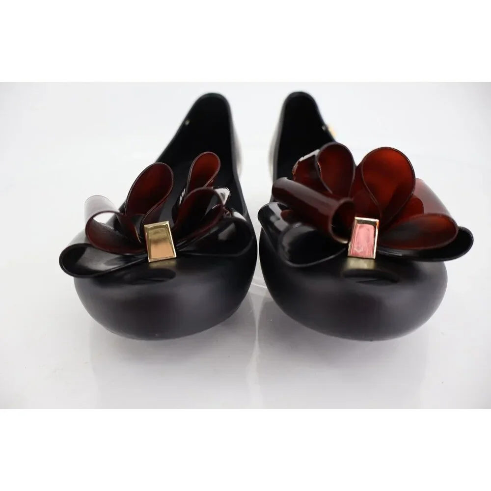 Melissa Girl Ultragirl Triple Bow Flats Matte Black Tortoiseshell Bow Size 2